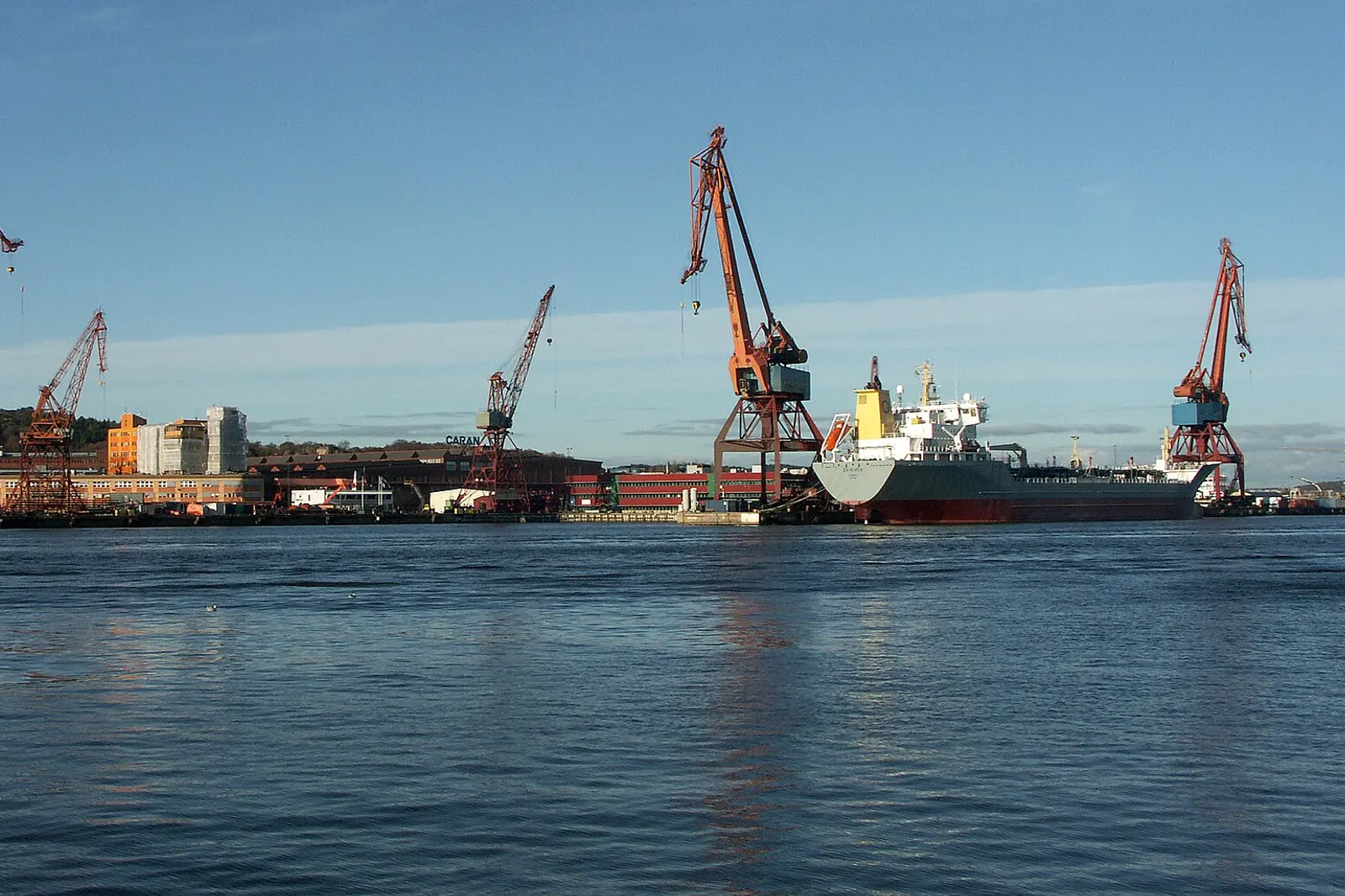 Port cranes and ships along the Gothenburg waterfront