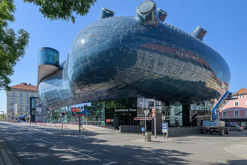 The blue Kunsthaus on the Mur in Graz