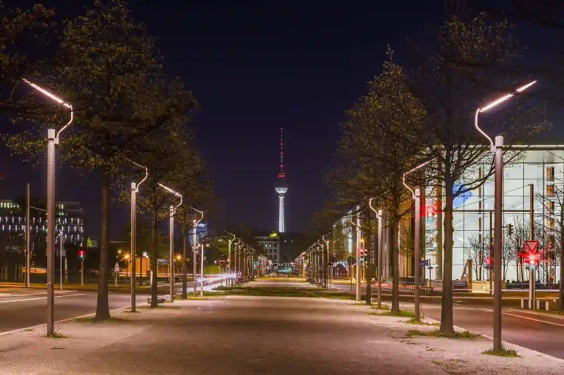 The Berlin Fernsehturm over Alexanderplatz at night