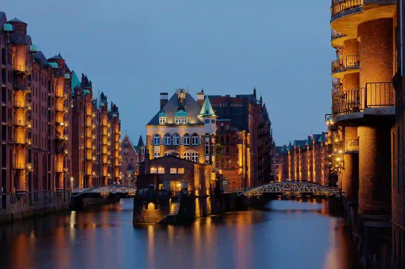The Wasserschloss in Hamburg's Speicherstadt at night