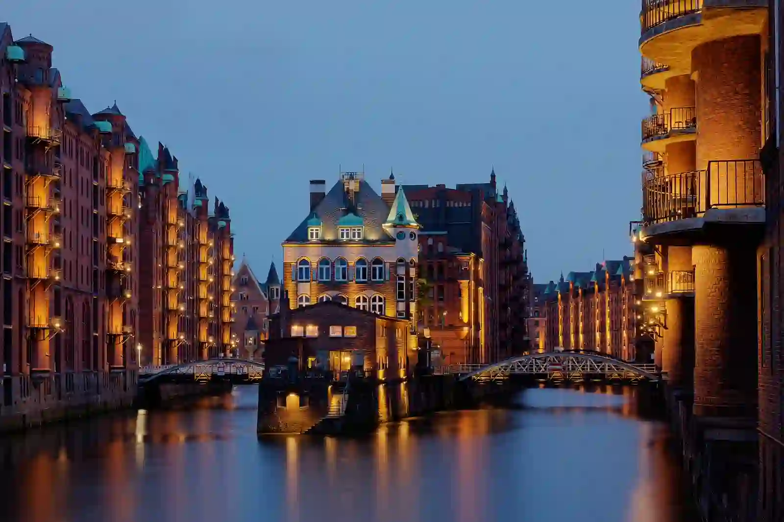 The Wasserschloss in Hamburg's Speicherstadt at night