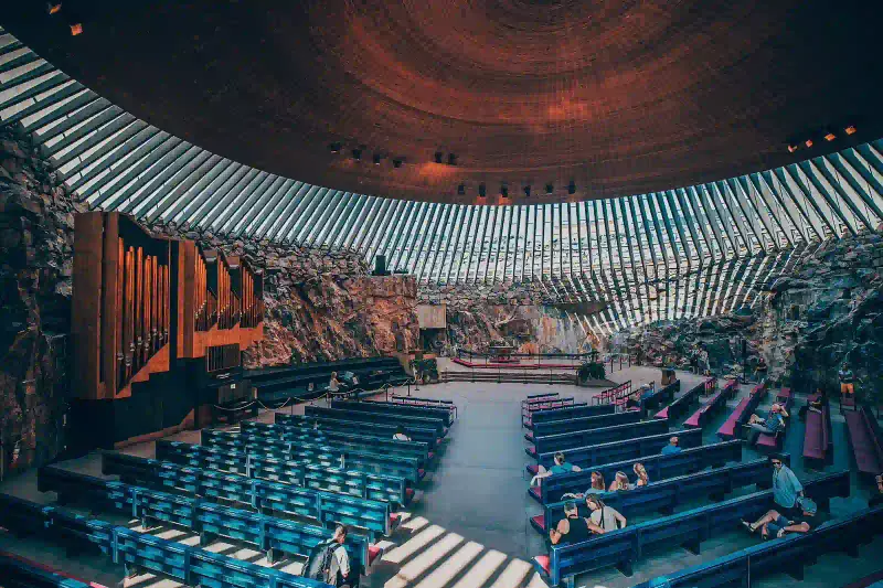 Copper dome interior of Temppeliaukio rock church in Helsinki