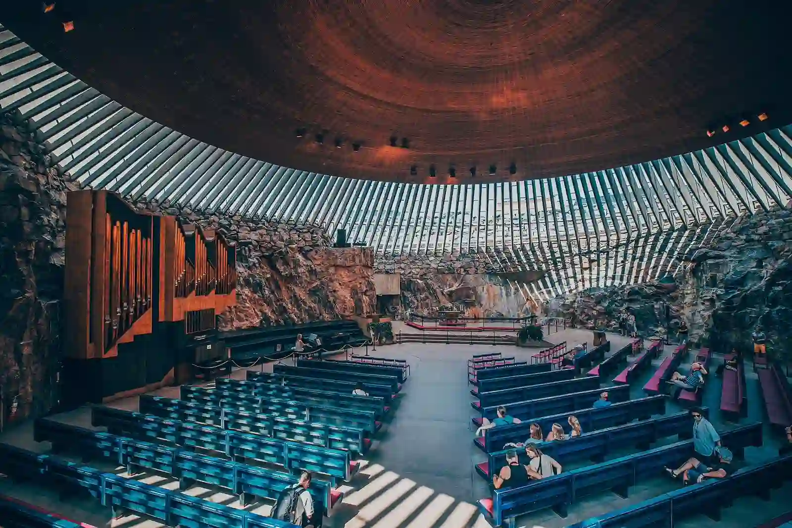 Copper dome interior of Temppeliaukio rock church in Helsinki