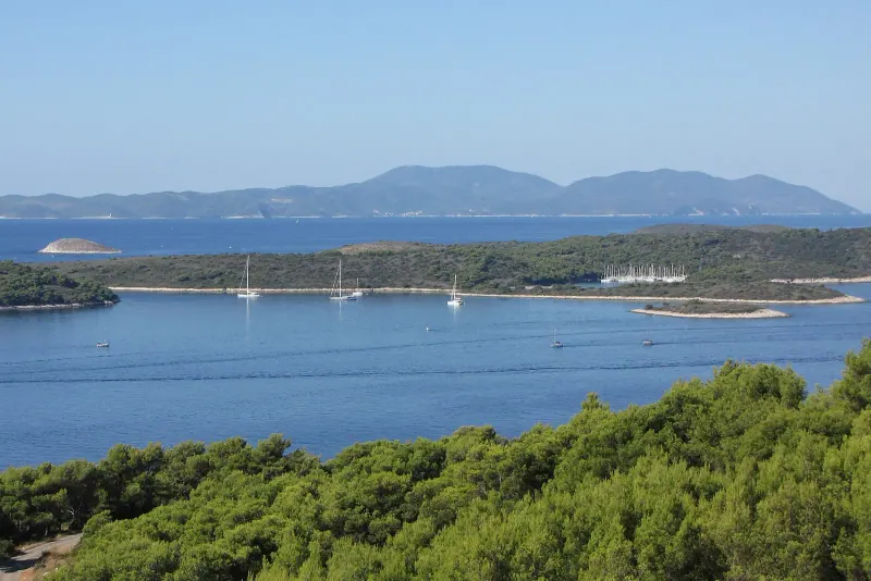 Pine-covered Pakleni islands and anchored boats in calm blue water seen from a hillside