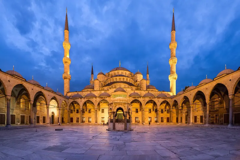 The Blue Mosque courtyard at dusk, Sultanahmet, Istanbul