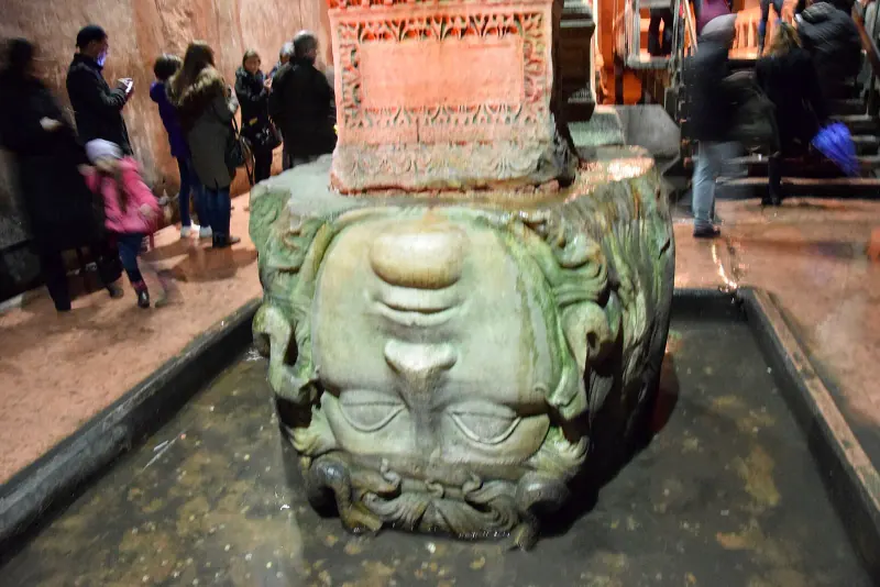 Medusa head column base in the Basilica Cistern, Istanbul