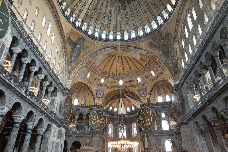 Interior of Hagia Sophia showing the dome and calligraphy, Istanbul