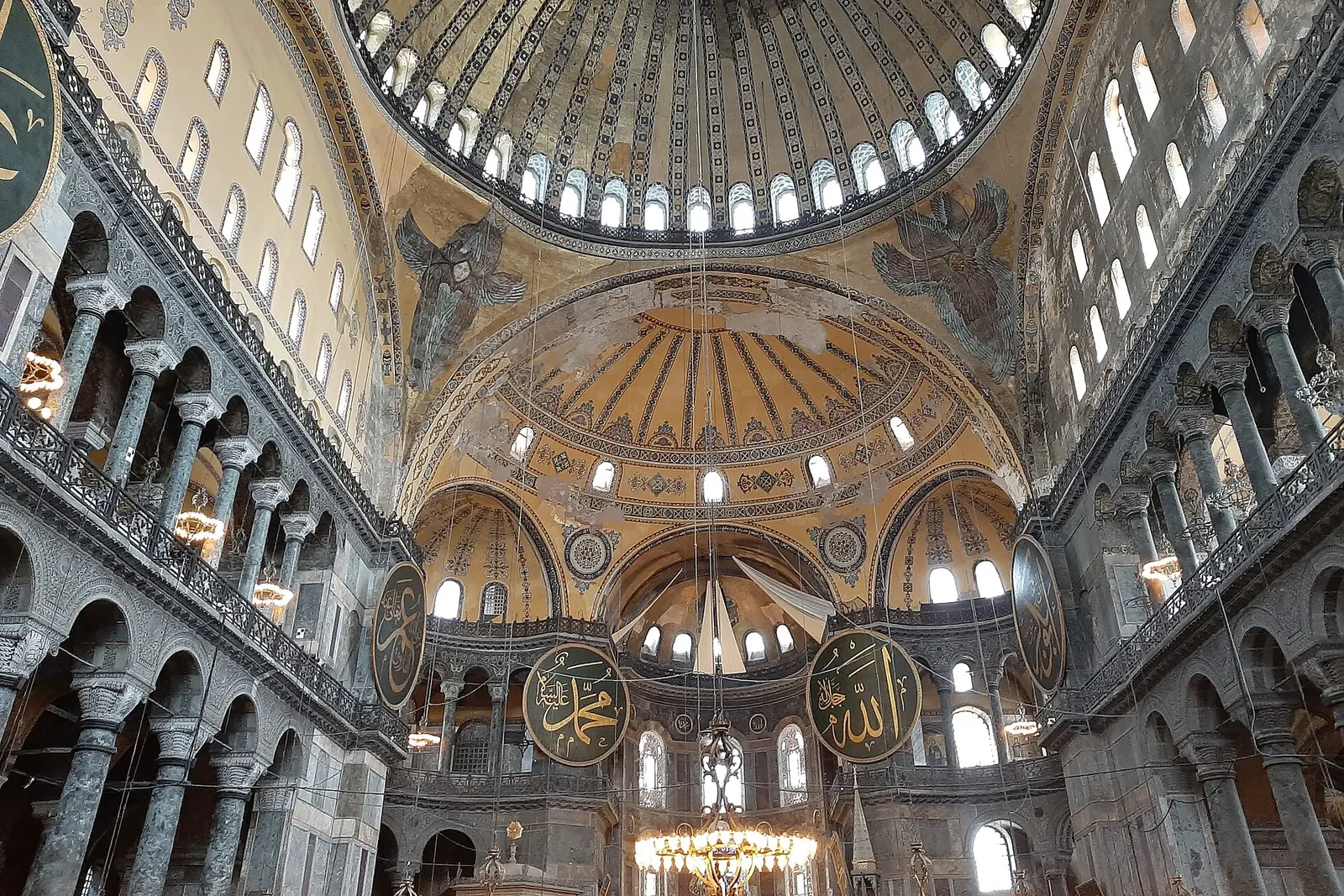Interior of Hagia Sophia showing the dome and calligraphy, Istanbul