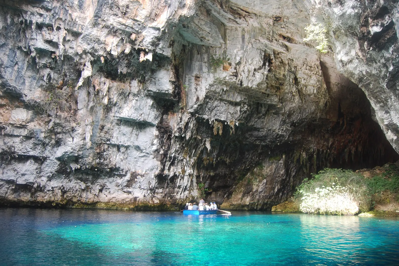 Sunlight falling through the collapsed roof of Melissani Cave