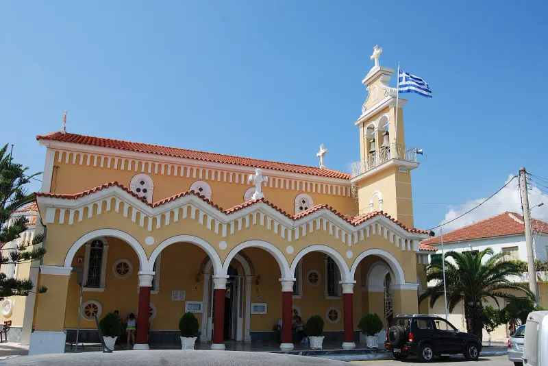 Argostoli's palm-lined waterfront promenade on Kefalonia