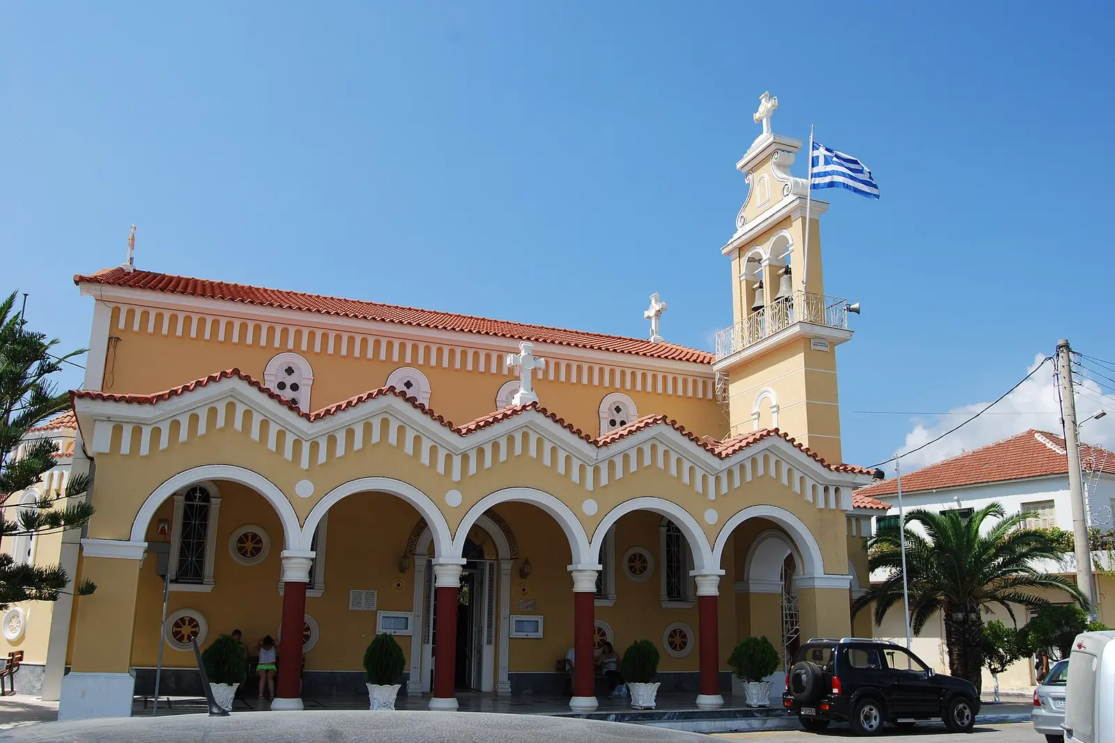 Argostoli's palm-lined waterfront promenade on Kefalonia