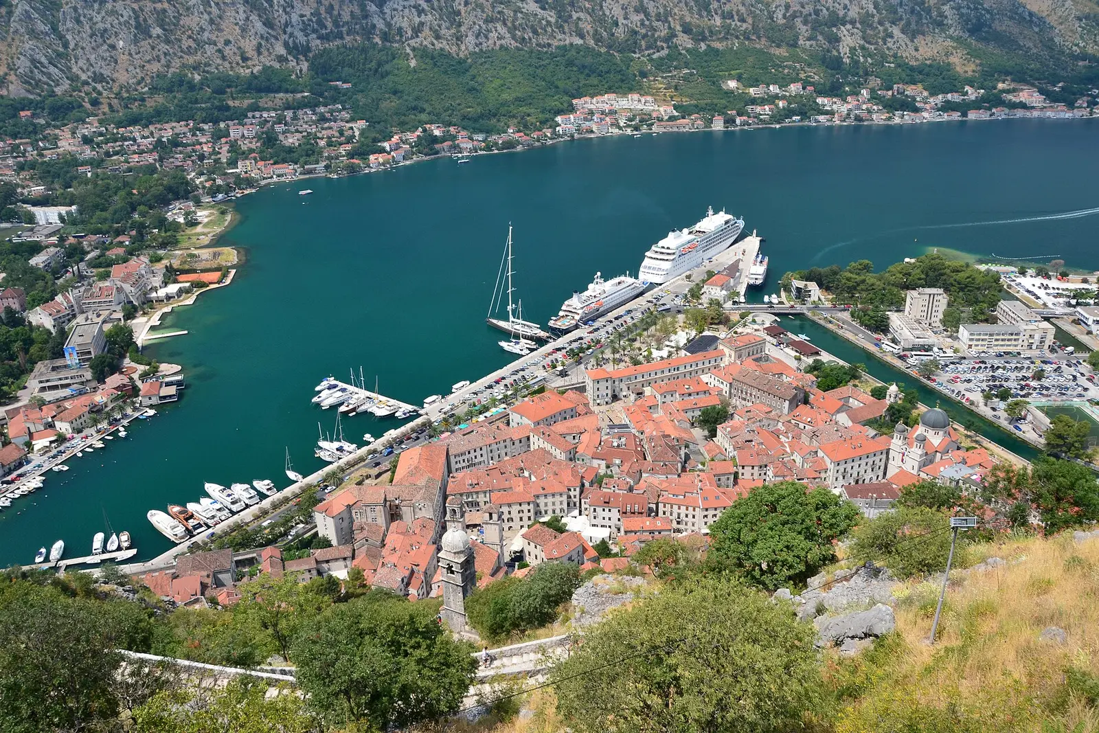 Kotor old town beneath its mountain walls