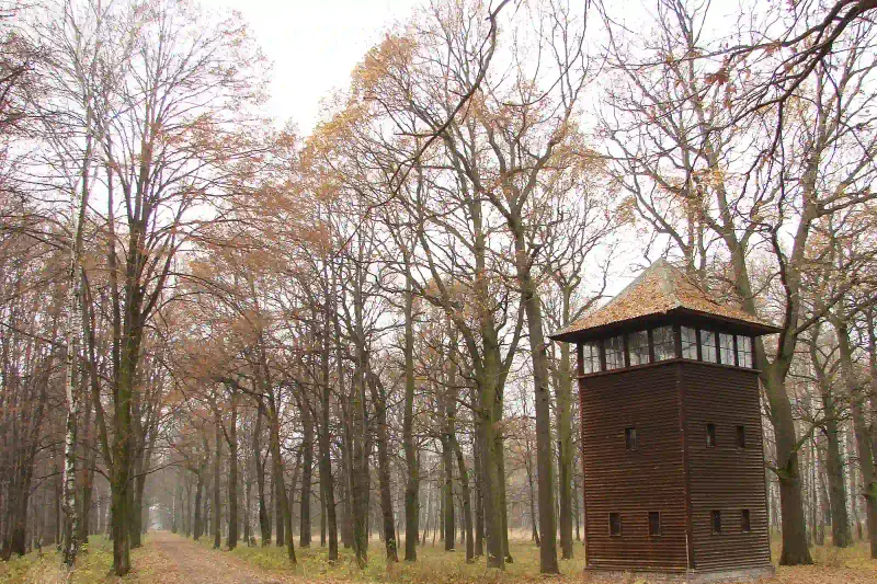 A watchtower at the Auschwitz II-Birkenau memorial