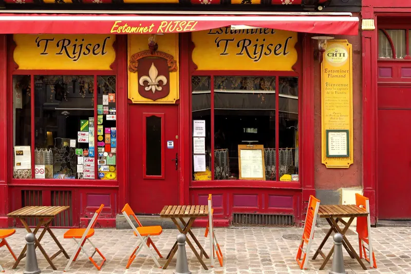 The red facade of an estaminet restaurant on rue de Gand in Lille