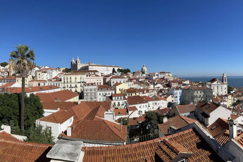 Lisbon's Alfama rooftops and monastery domes from the castle hill