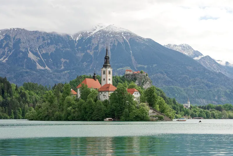 Lake Bled's island church under the Alps