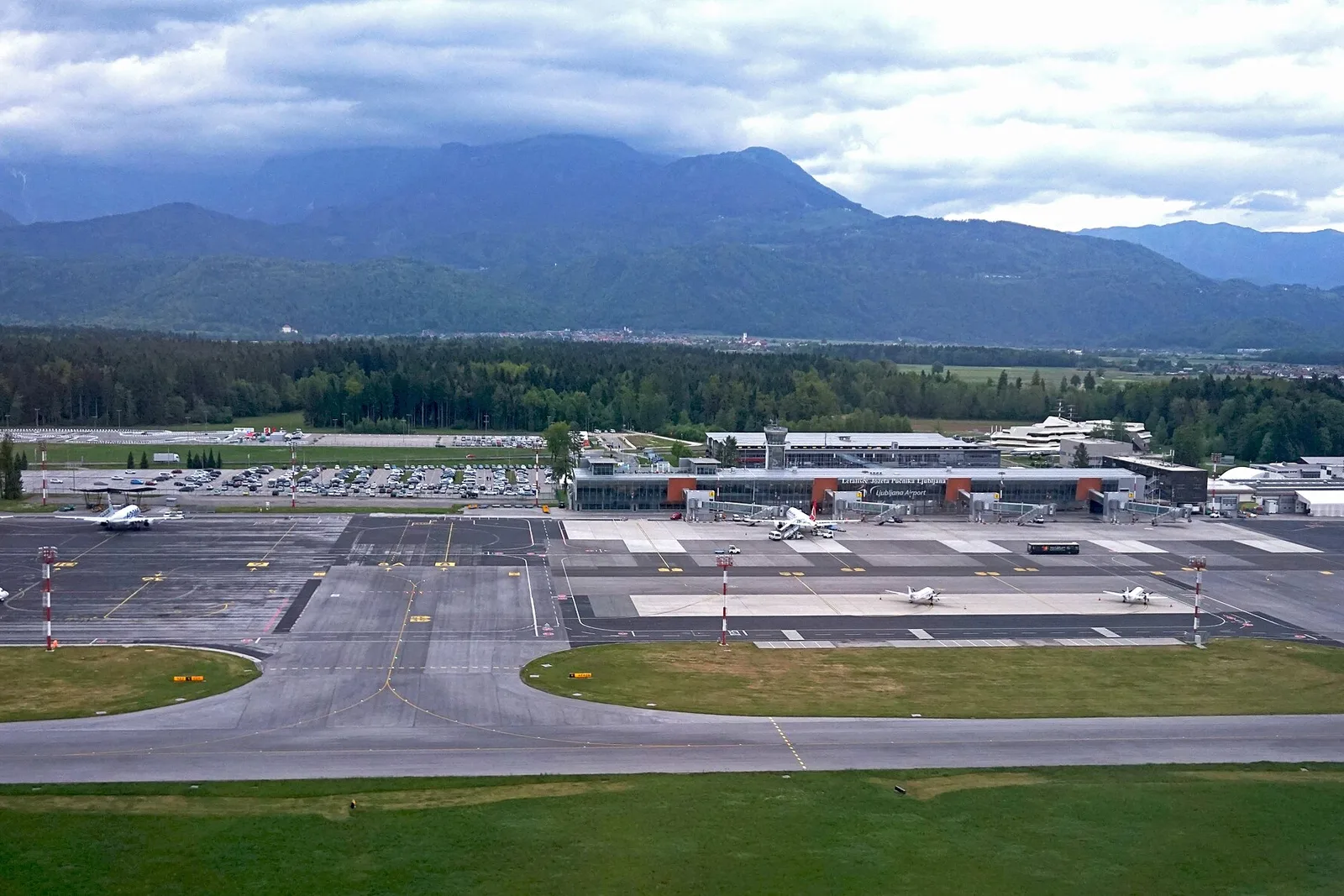 Ljubljana airport apron under the Julian Alps