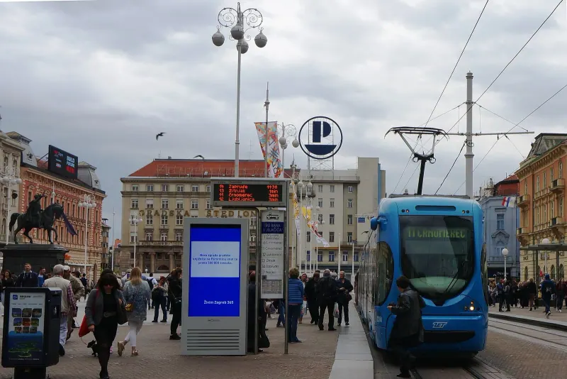 Zagreb's Ban Jelacic square and blue trams