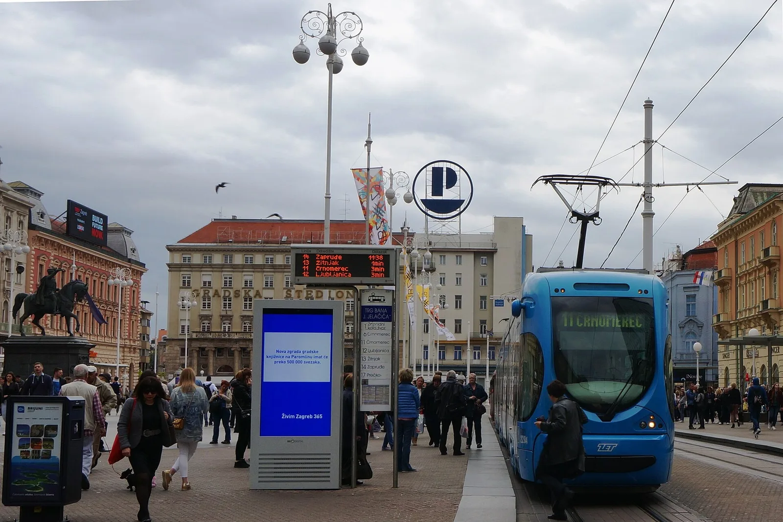 Zagreb's Ban Jelacic square and blue trams