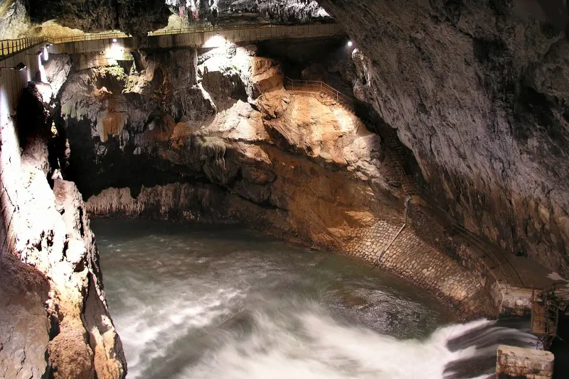 Inside Postojna Cave's lit chambers