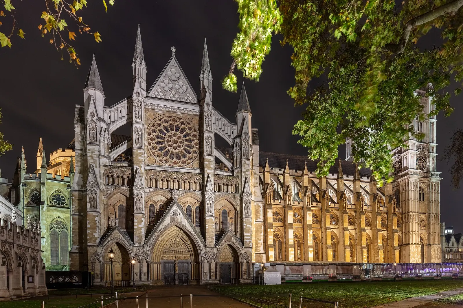 The west front of Westminster Abbey lit at night