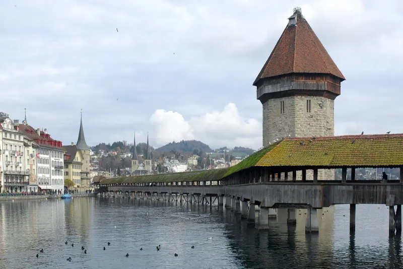 The Kapellbrucke and water tower across the Reuss in Lucerne