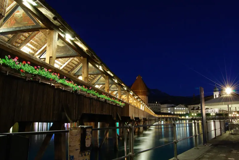 The painted Chapel Bridge crossing the Reuss in Lucerne