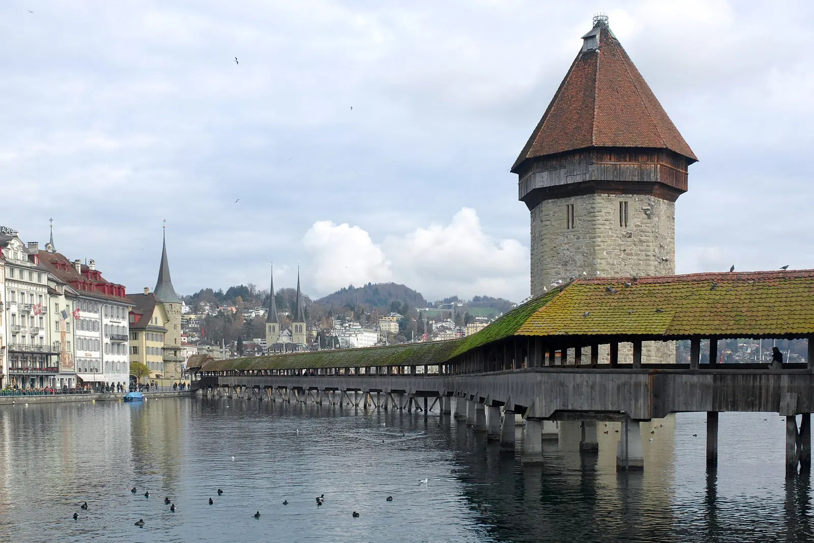 The Kapellbrucke and water tower across the Reuss in Lucerne