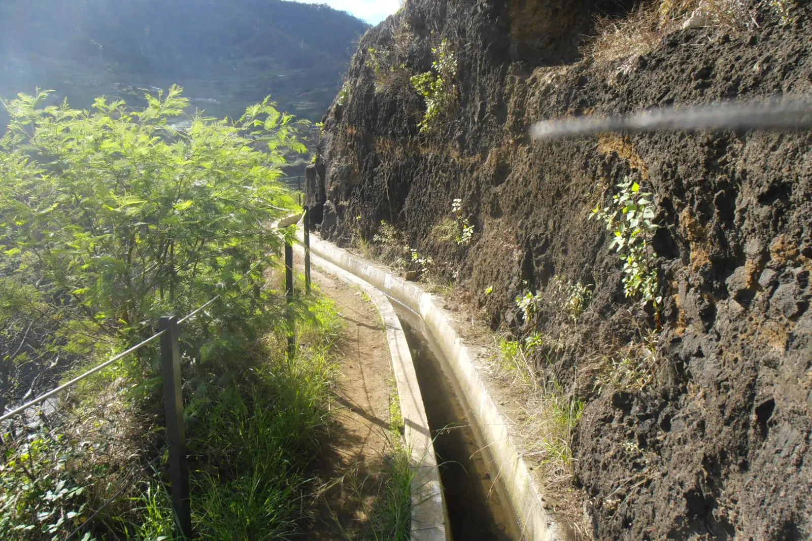 A levada channel cut into Madeira's cliffs