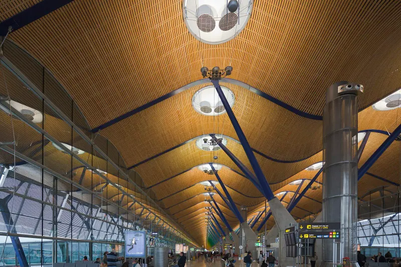 The bamboo-roofed Terminal 4 hall at Madrid Barajas Airport