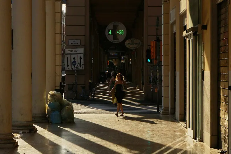 A portico-covered street in Bologna
