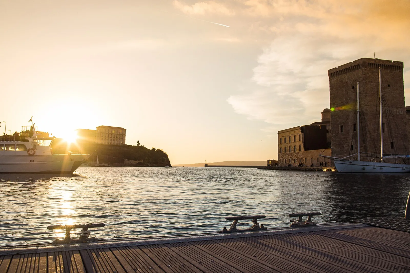 Benches along the Vieux Port of Marseille at dusk