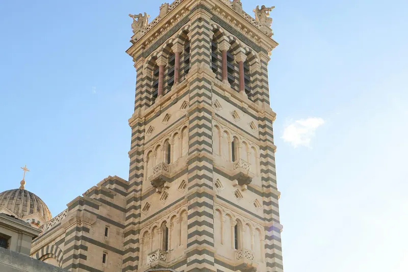 The striped bell tower of Notre-Dame de la Garde above Marseille