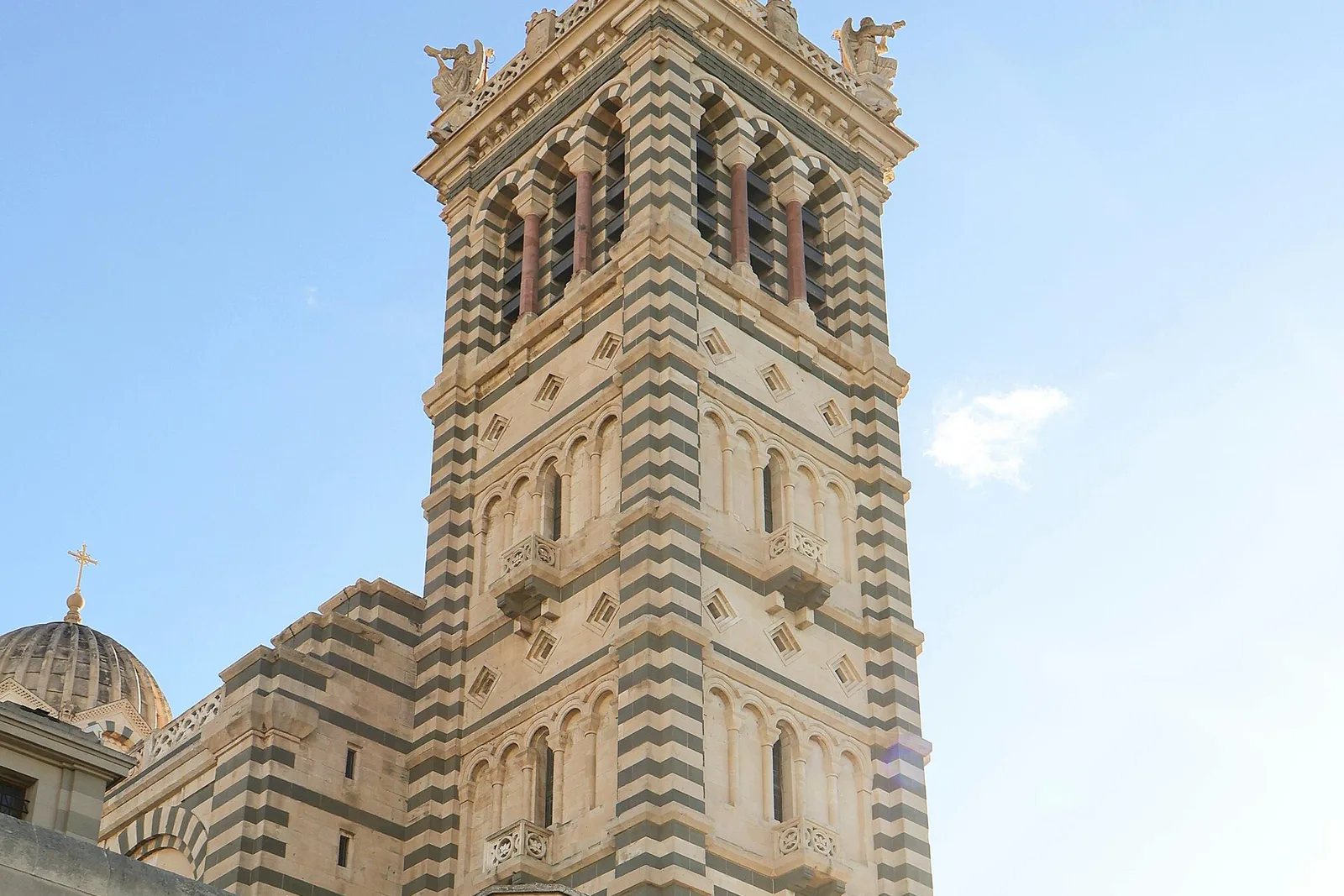 The striped bell tower of Notre-Dame de la Garde above Marseille