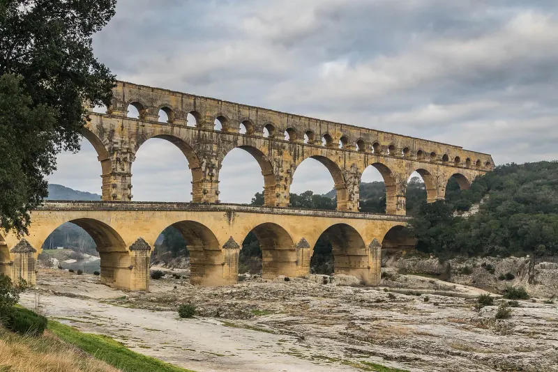 The three tiers of the Pont du Gard Roman aqueduct over the Gardon river