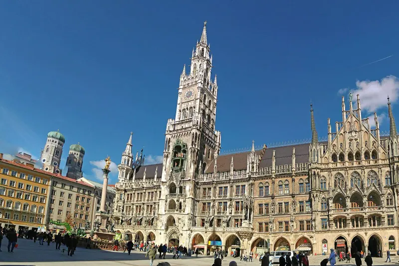 Marienplatz and the New Town Hall in Munich with the Frauenkirche towers