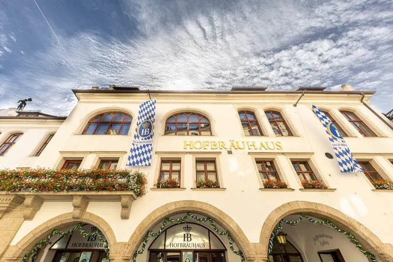 The painted facade of the Hofbräuhaus beer hall in Munich