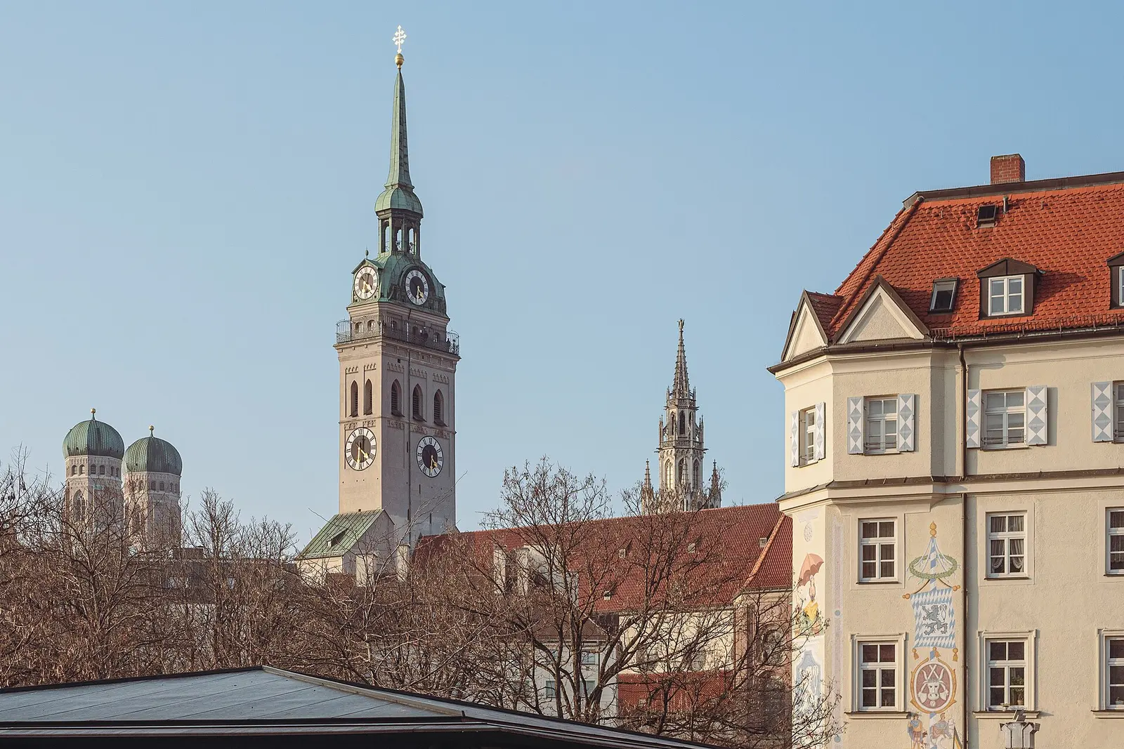 St. Peter's church tower and old town rooftops in central Munich