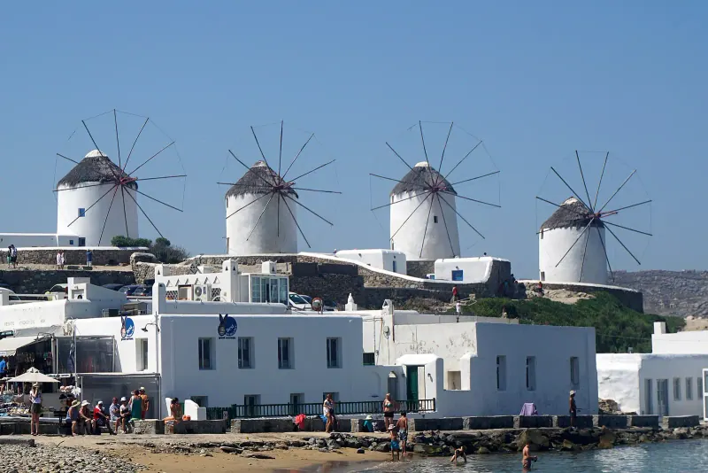 The Kato Mili windmills above Little Venice, Mykonos