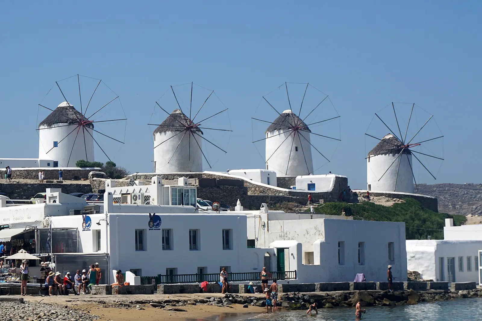 The Kato Mili windmills above Little Venice, Mykonos