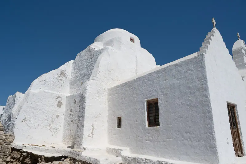 The white sculpted form of Panagia Paraportiani, Mykonos
