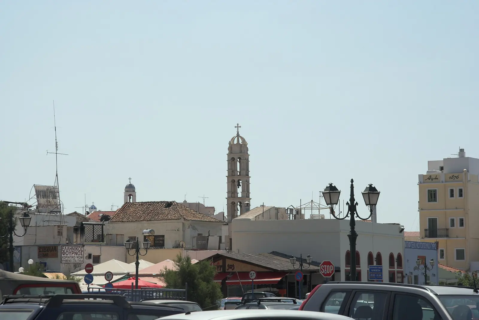 Tinos Chora's harbour and church tower