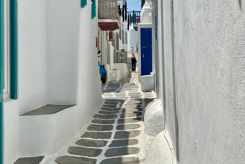 A whitewashed stepped alley in Mykonos Town
