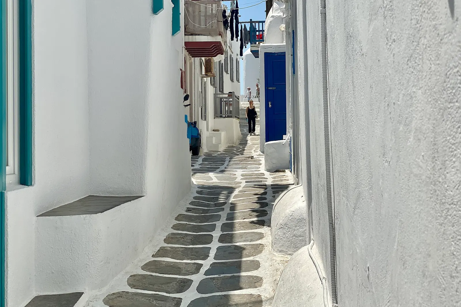 A whitewashed stepped alley in Mykonos Town