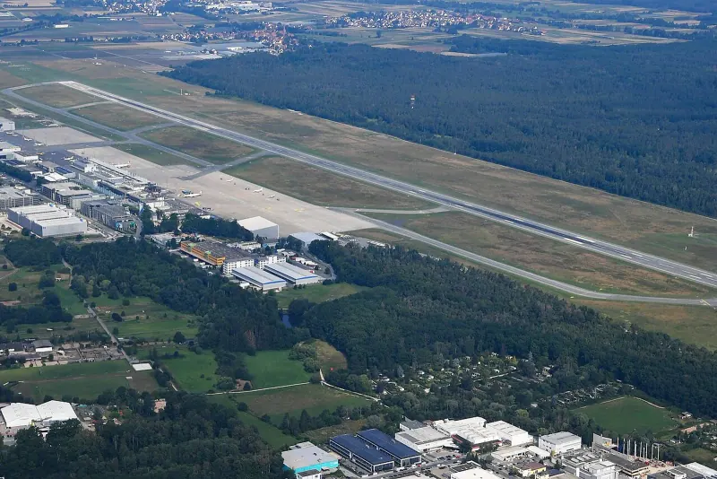 Aerial view of Nuremberg Airport runways and terminals