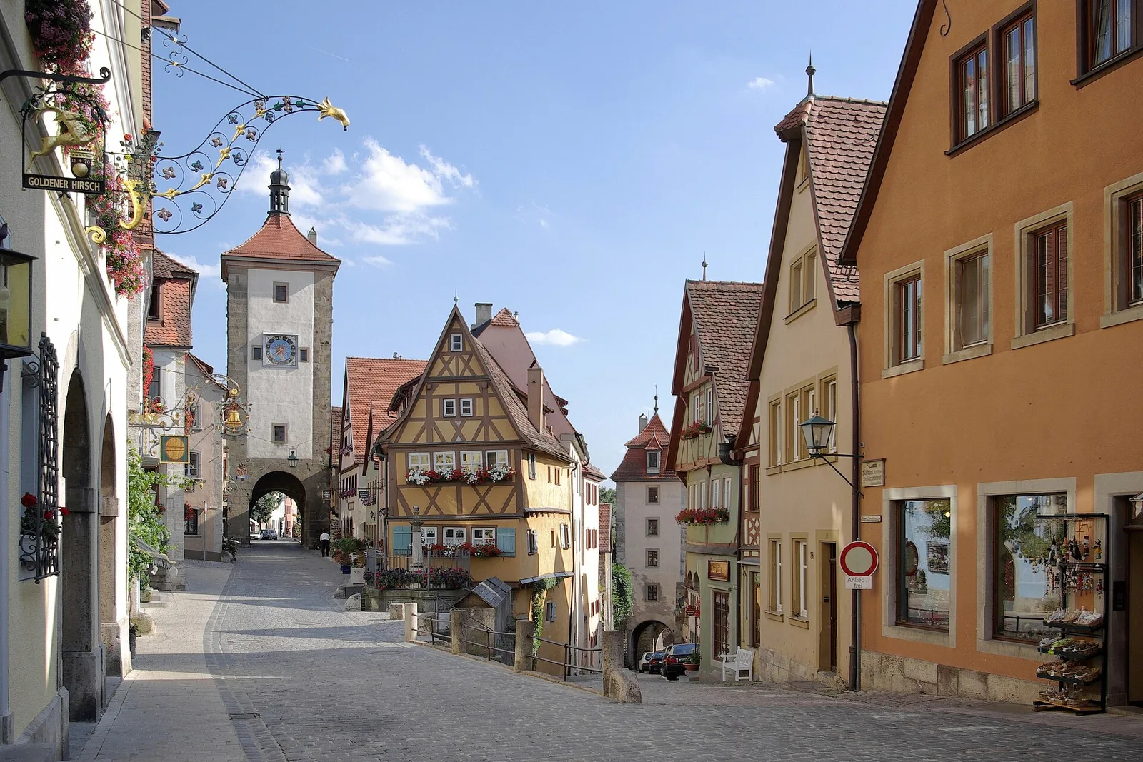 Half-timbered lane and tower gate in Rothenburg ob der Tauber