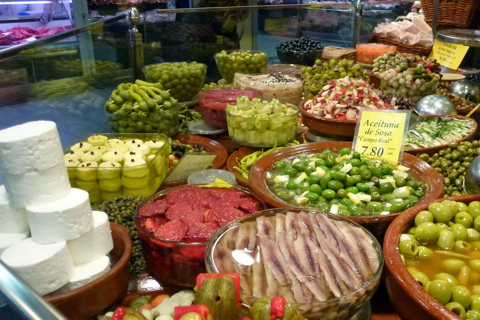 Olives and cheese at the Mercat de l'Olivar in Palma