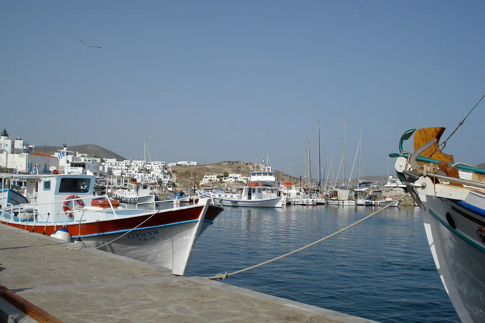 Fishing boats moored in the harbor at Naoussa on Paros with white houses behind