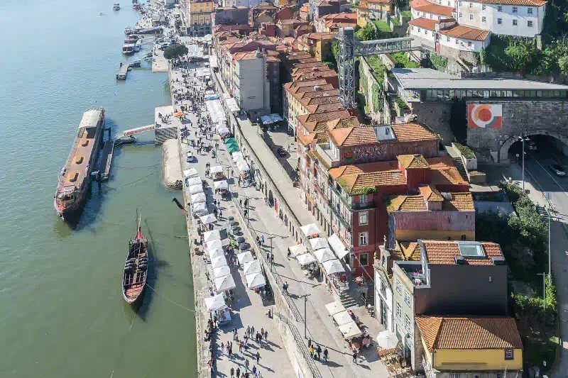 The Porto Ribeira riverfront and Dom Luis I bridge from above