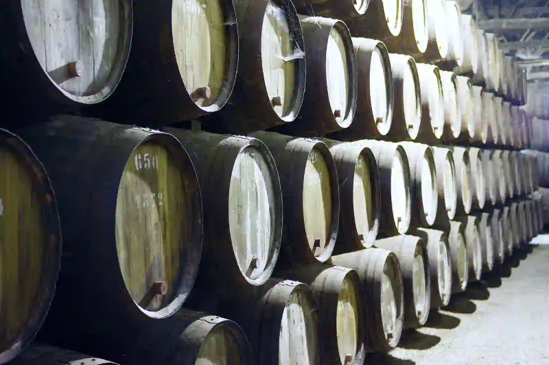 Port wine barrels stacked in a Vila Nova de Gaia cellar